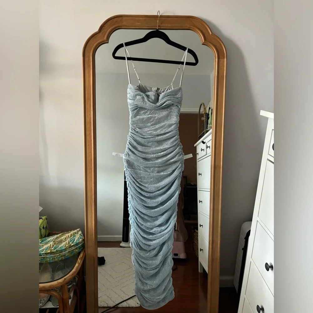 HOUSE OF CB Fornarina Baby Blue Sparkle Silvermist Fairy Glitter Ruched Dress - Picture 11 of 16